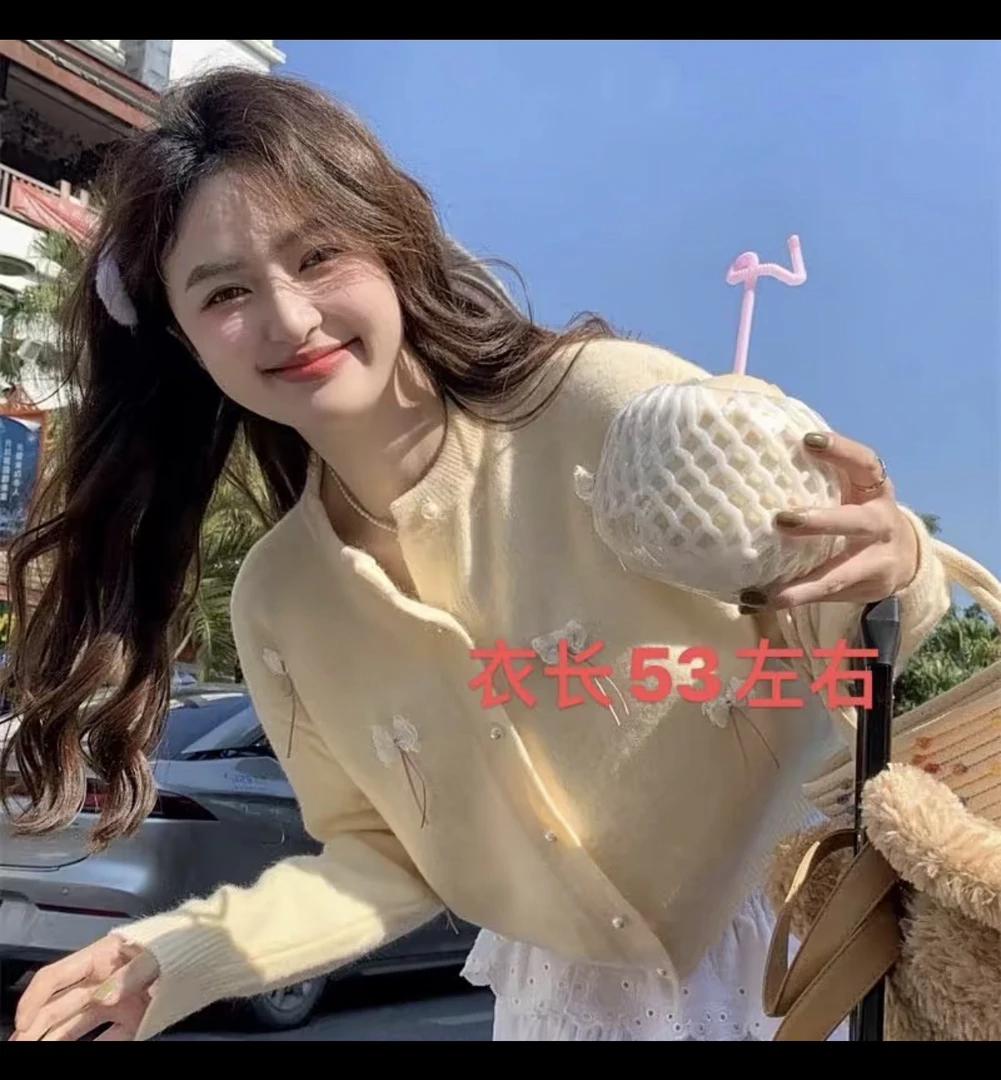 Tj153蝴蝶结春秋季甜美可爱圆领毛衣外套开衫女设计感小众针织衫