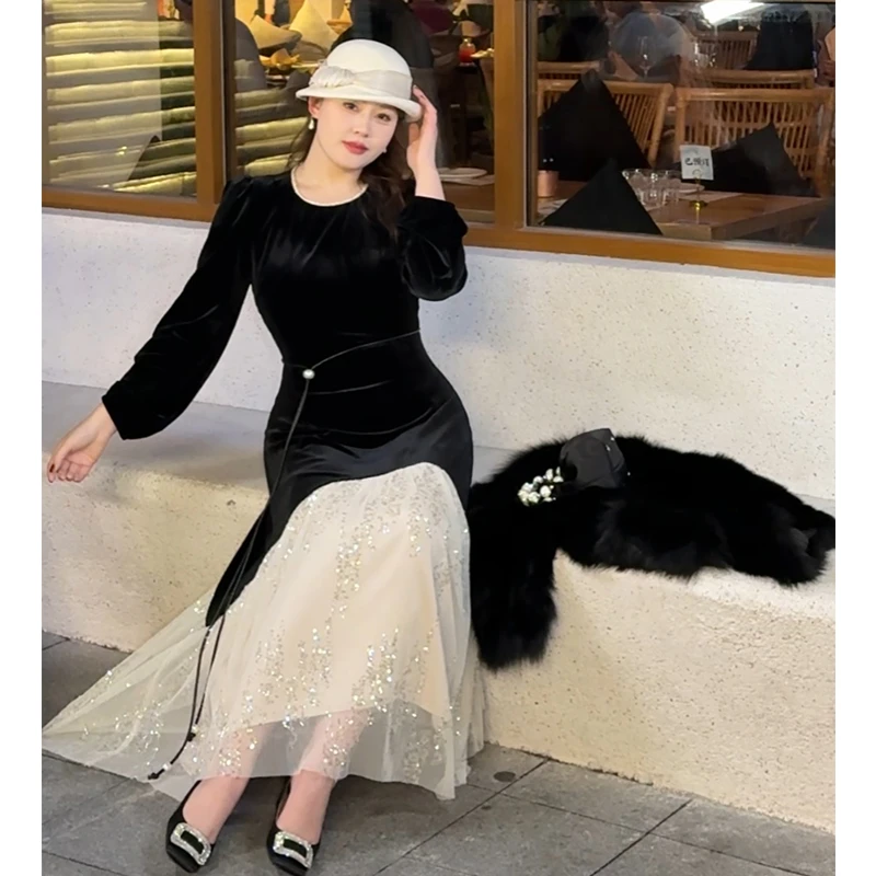 DMcc【娇柔宛宛】大蜜胖MM高级设计感撞色拼接亮片显瘦丝绒连衣裙