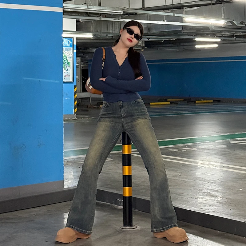 DMcc 大蜜  辣妹小众设计感修身显瘦打底衫牛仔裤秋冬微胖mm显瘦