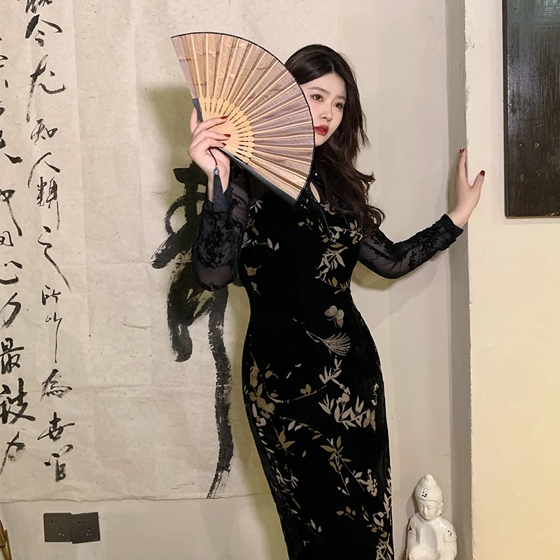 DMcc【蝶恋花】新中式旗袍国风丝绒碎花连衣裙高级气质显瘦包臀裙子