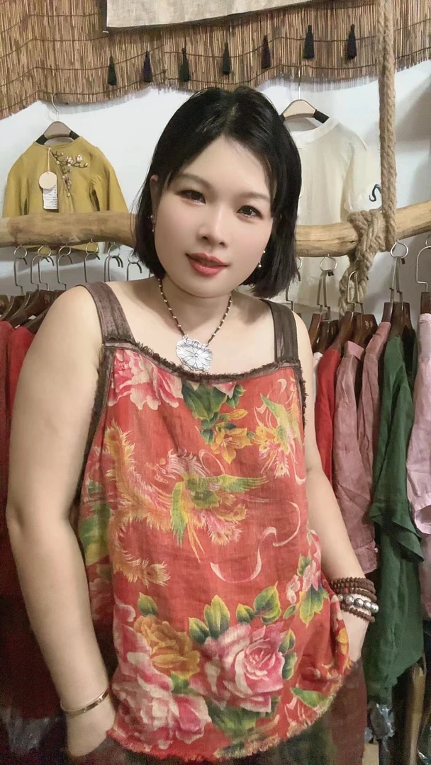 慢慢变蓝荼原创夏季新款文艺复古做旧慵懒宽松吊带背心