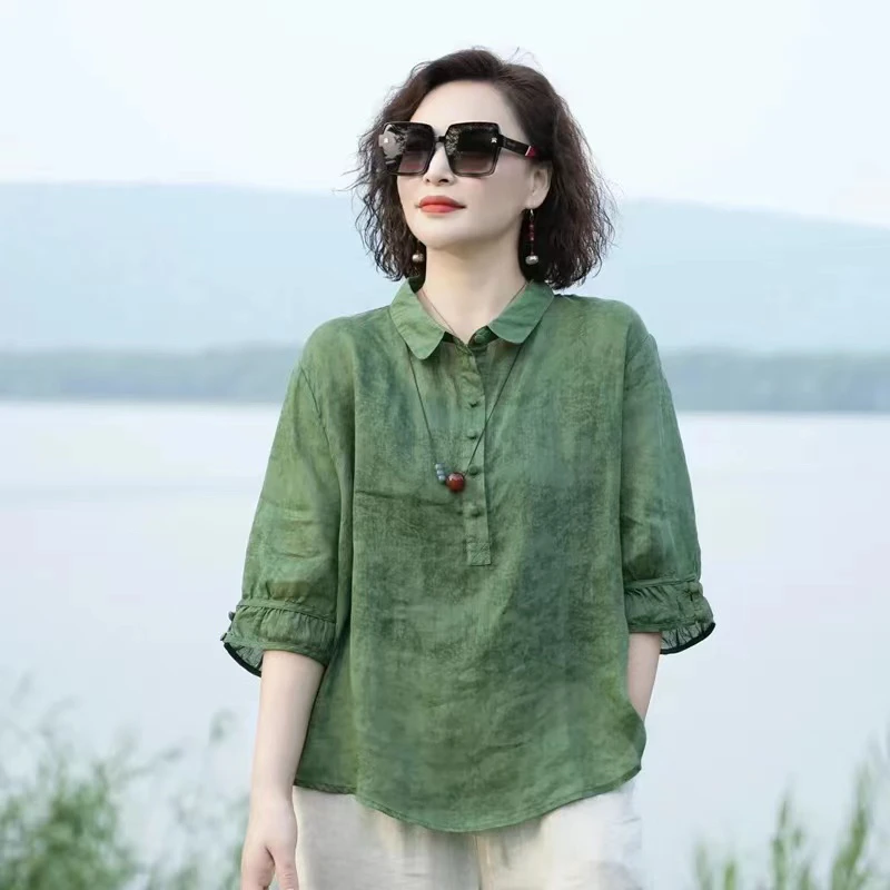 棉麻衬衫女高级感2024夏季新薄款时尚洋气苎麻短袖衬衣