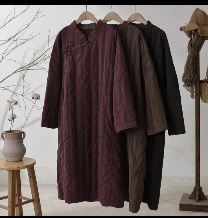 炒色亚麻禅意中长款复古斜襟盘扣气质款宽松袍 子 设计感