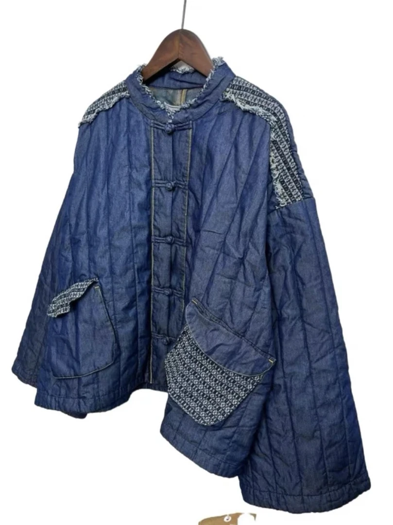 慢慢变蓝茶1378秋冬新款文艺复吉做旧慵懒宽 松大码夹棉牛仔棉服