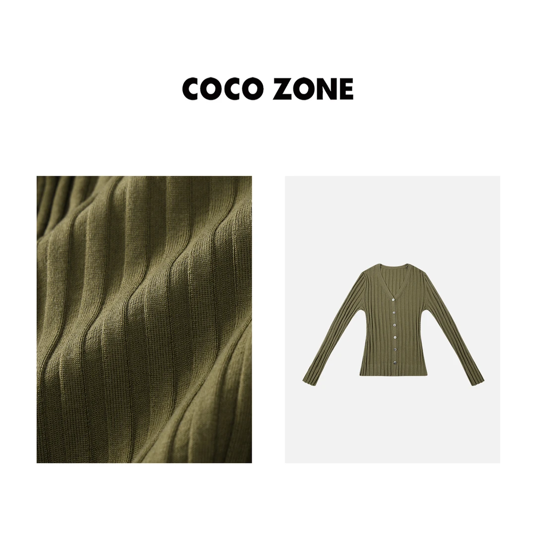 COCO ZONE “纸片人”优雅羊毛V领条纹修身针织开衫23C19757
