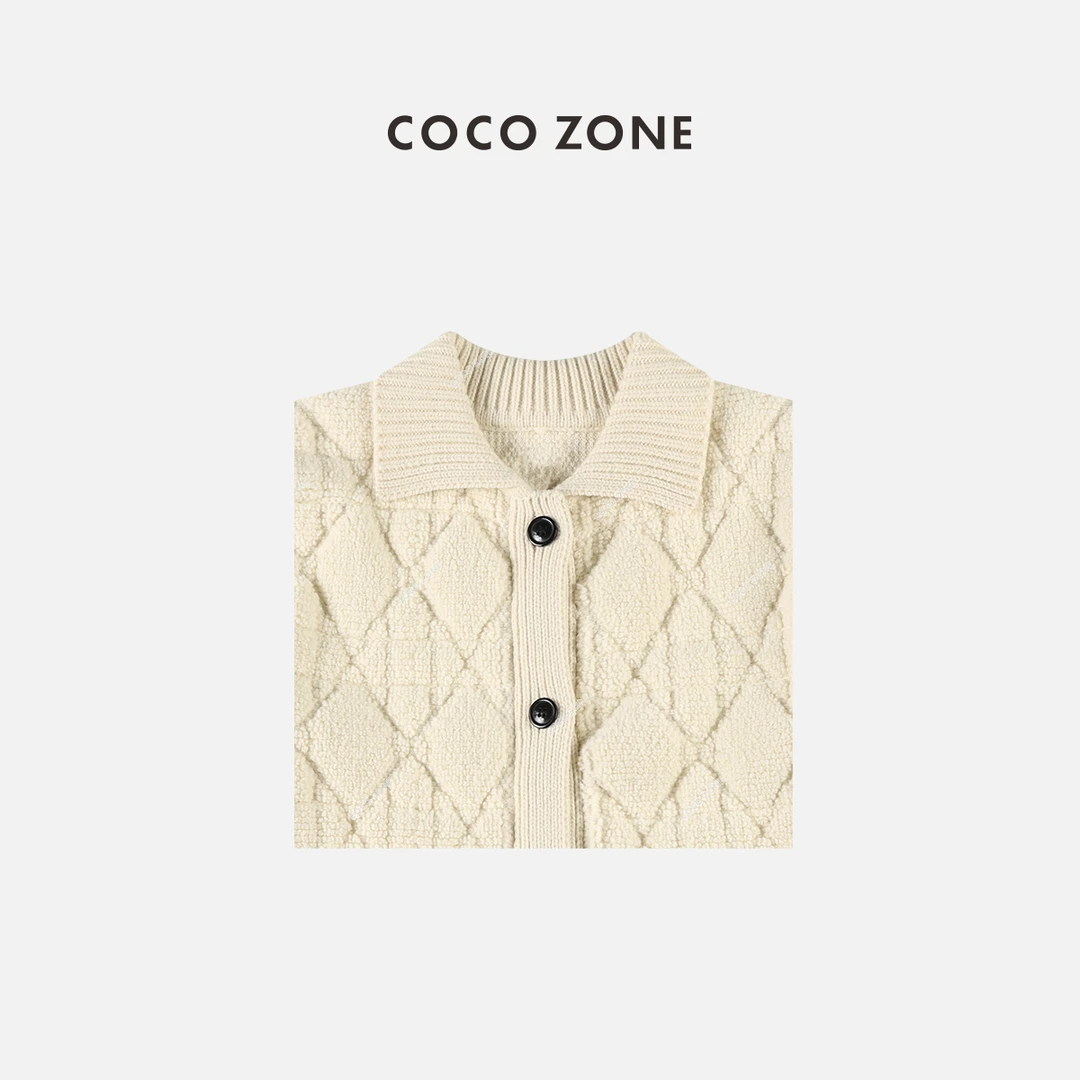 COCO ZONE 100%羊毛早秋翻领针织外套经典开衫23C29839