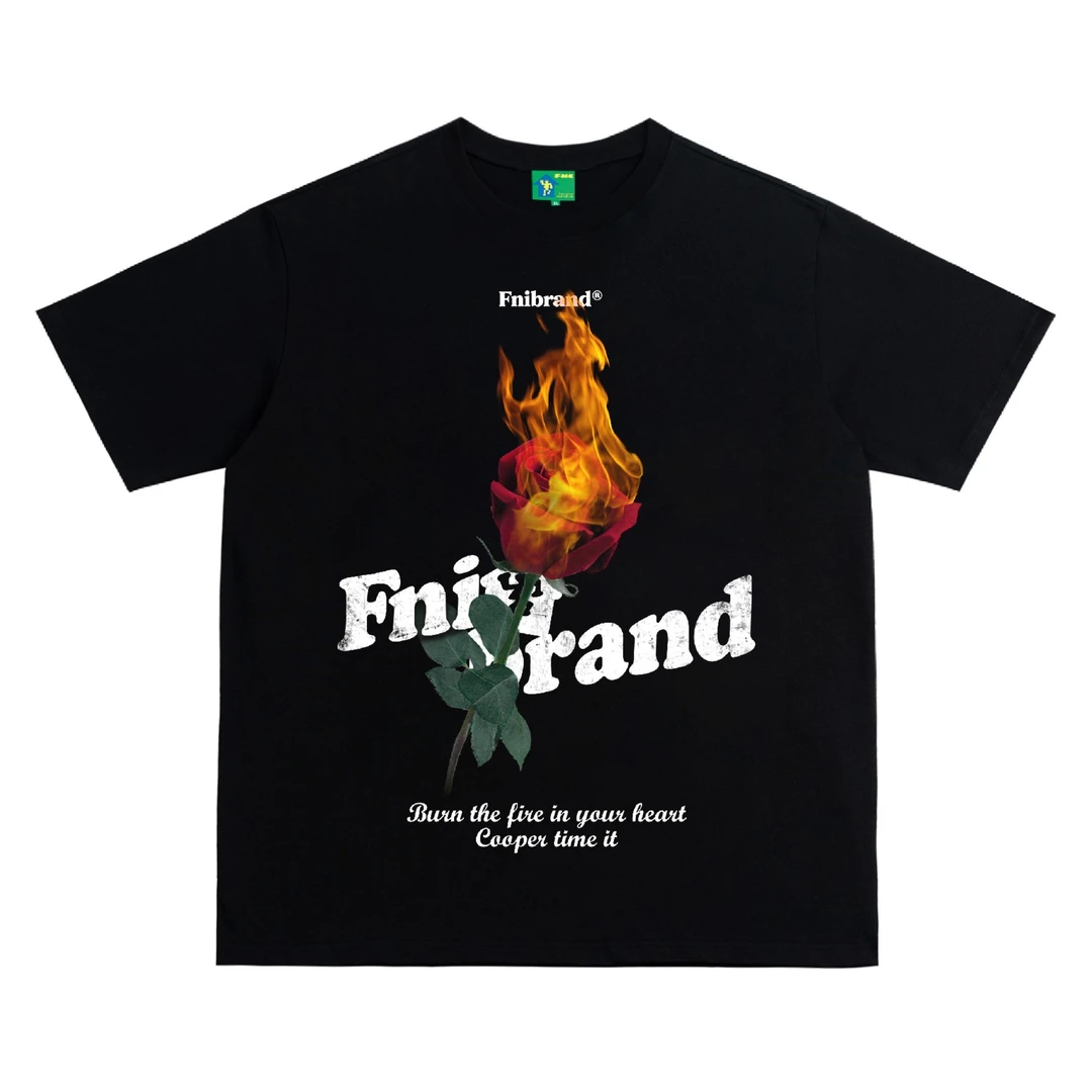 《FNIBRAND美式限定》（火玫瑰）美式街头复古水洗短袖流行男女同款