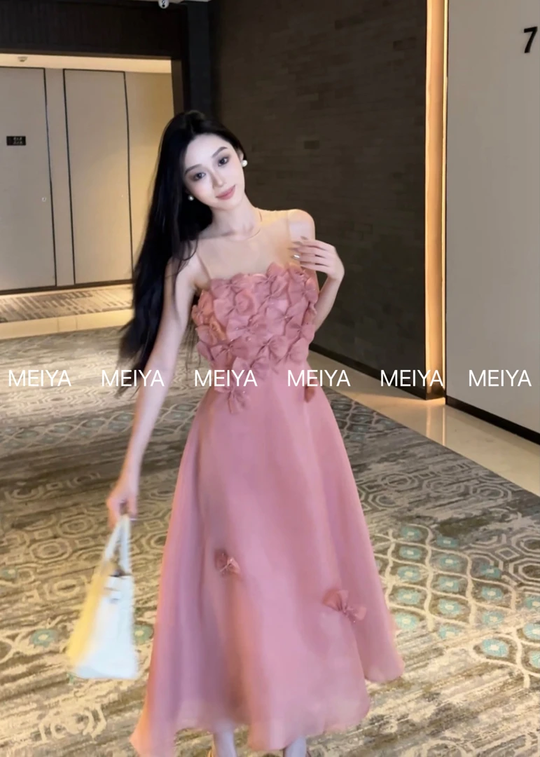 MEIYA【安德鲁公主】小性感蝴蝶结烫钻立体淑女粉色仙女气质连衣裙