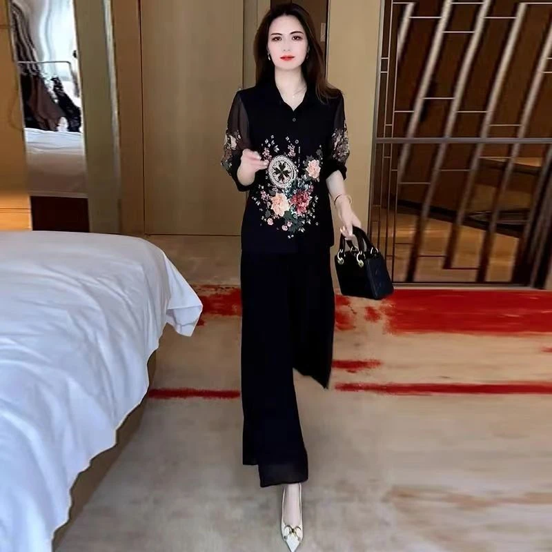 夏季妈妈装显瘦洋气时尚上衣小衫减龄宽松印花长款大码气质衬衫