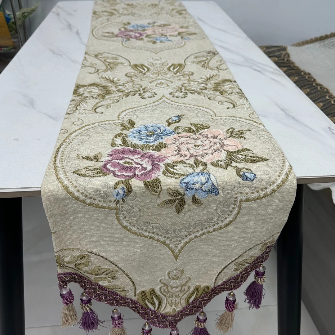 米色紫吊穗含花边尺寸33*270雪尼尔桌旗