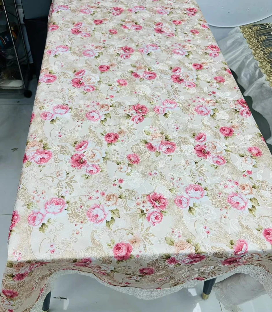 白纱边粉花桌布尺寸120*170左右含花边提花天丝贡缎