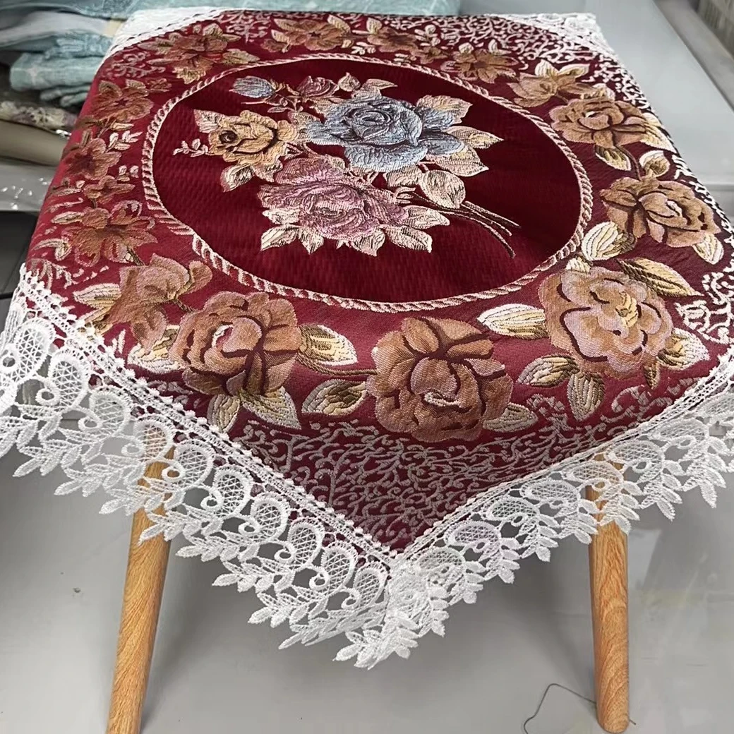 红底尺寸60*60提花刺绣万能盖巾天丝贡缎