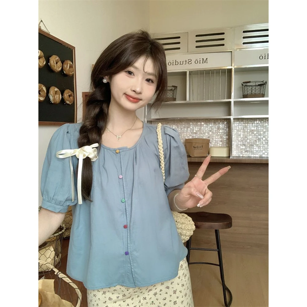 收腰短款衬衫衬衣格子办公室飞飞袖彩色扣子休闲宽松小众蓝色上衣