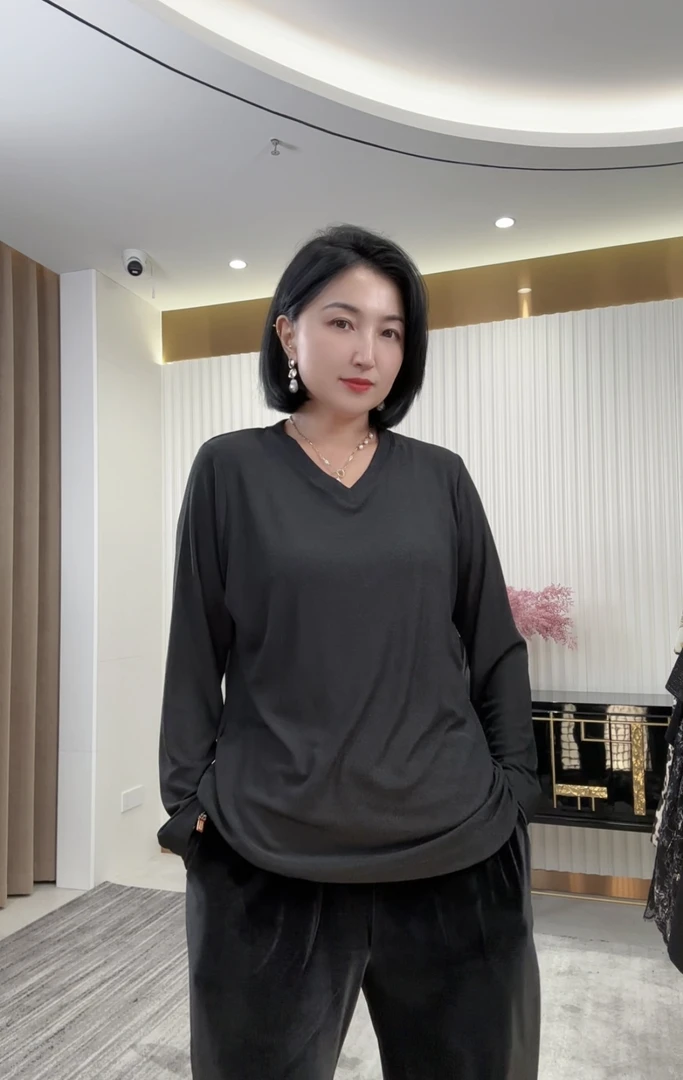 【巴瑟秋款】打底衫女内搭纯色长袖T恤韩国复古宽松银线百搭6886