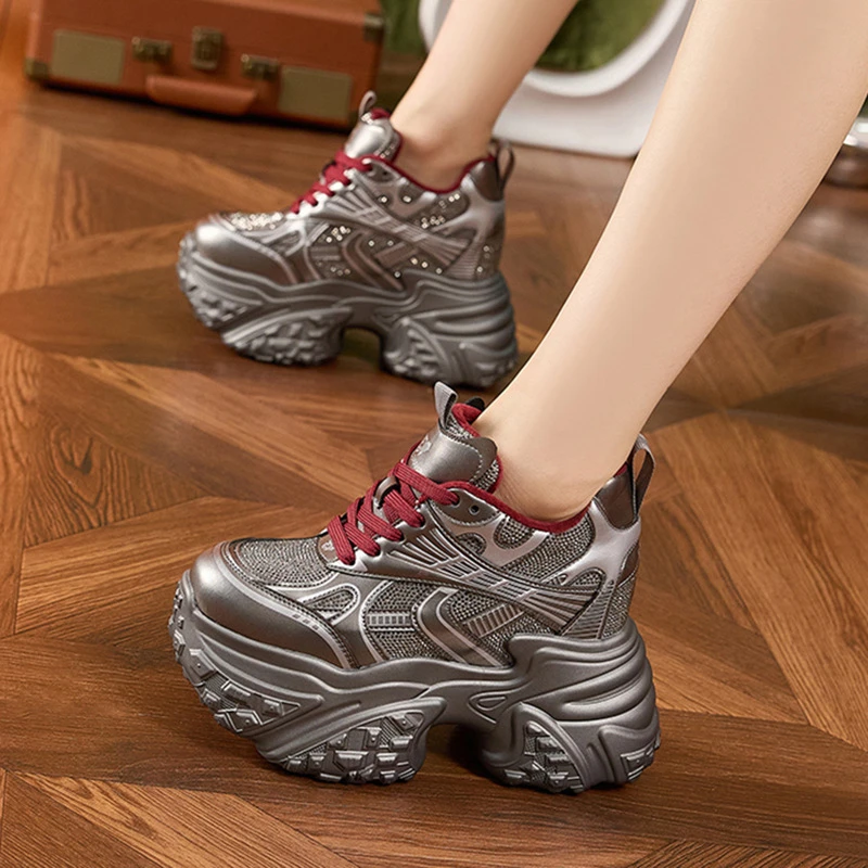 【增高9CM】厚底老爹鞋女2025新款秋冬水钻时尚百搭小个子女鞋保暖