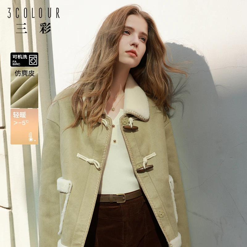 三彩女装2024冬季新款仿麂皮毛绒外套牛角扣复古休闲女M