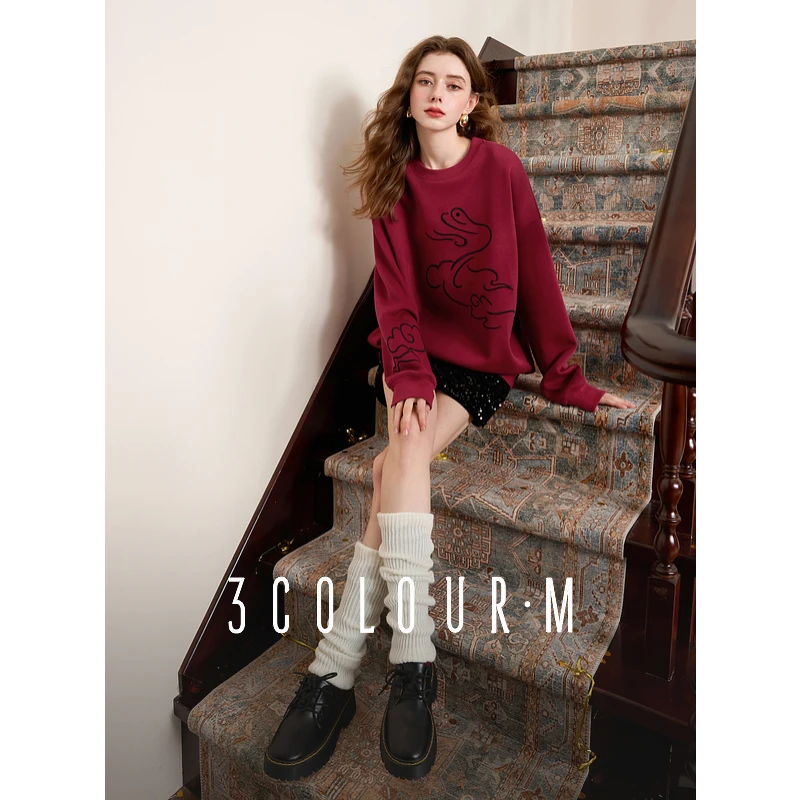 三彩2025春季新款蛇年刺绣卫衣圆领套头衫宽松休闲新年M