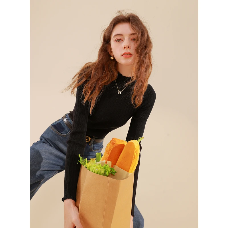 三彩2024冬季纯色坑条针织衫木耳边半高领修身打底内搭简约女M