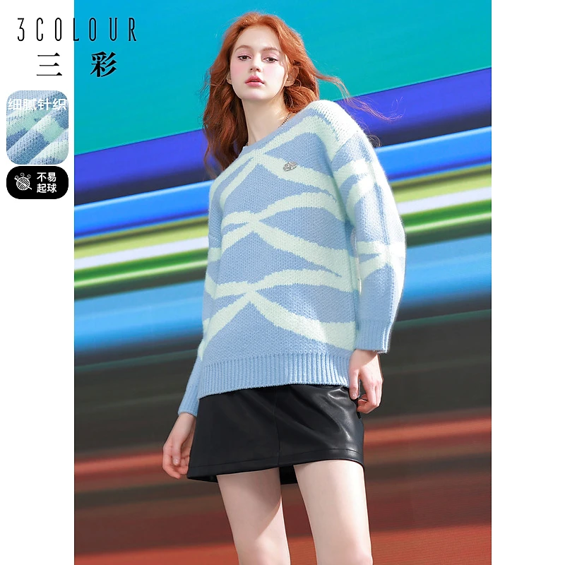 三彩独醒2023冬季新款抽象线条毛衣圆领宽松针织衫套头小个子女
