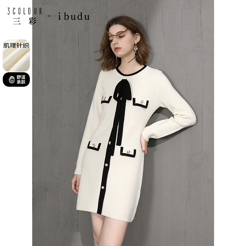 三彩ibudu2023冬季小香风针织连衣裙女装撞色蝴蝶结短裙圆领裙子