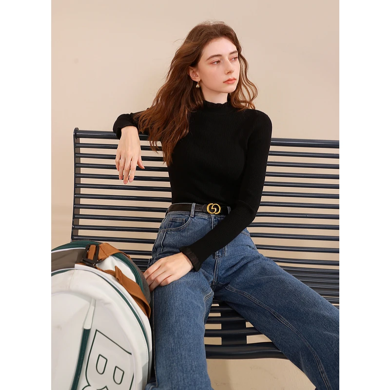 三彩2024冬季纯色针织衫玻璃纱拼接毛衫内搭打底衫修身上衣女M