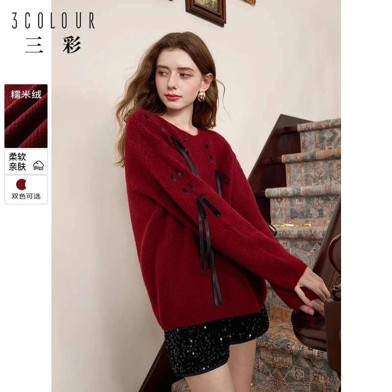 三彩2024冬季新款蝴蝶结丝带毛衣圆领针织衫套头毛衫氛围感女M