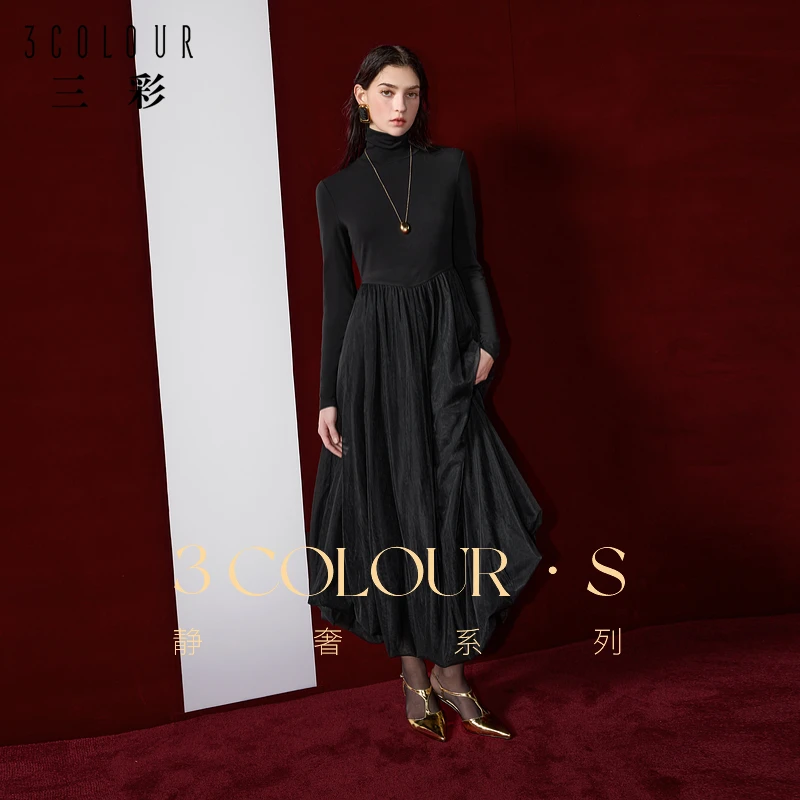 三彩2024冬季新款小黑裙高领针织裙网纱拼接连衣裙泡泡裙女S