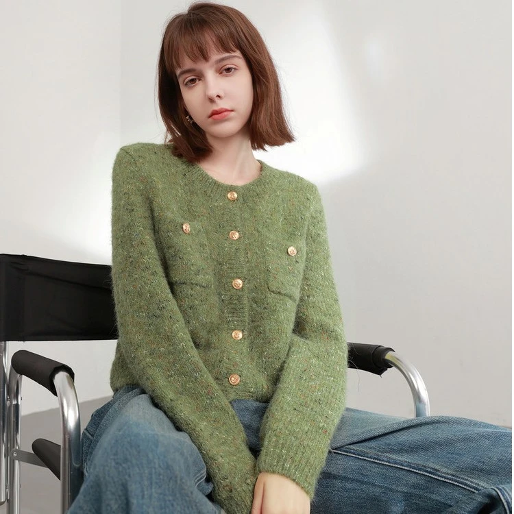 【三彩奶油针织衫】春季复古花纱针织衫女绒感圆领毛衣口袋名媛开衫