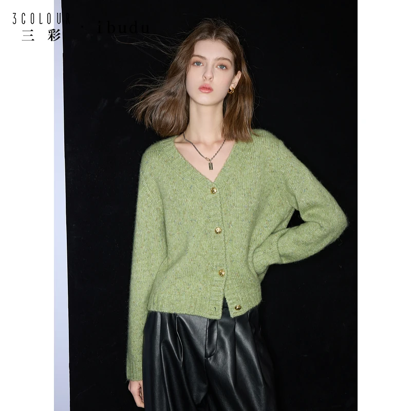 三彩ibudu2025春季新款抹茶绿V领宽松开衫针织衫毛衣金属扣女