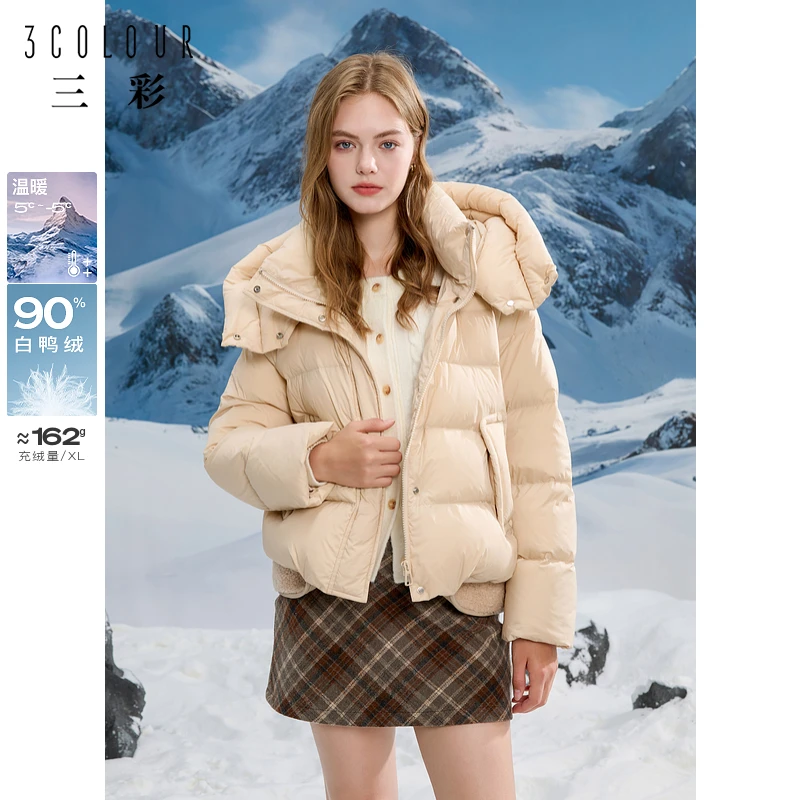 三彩独醒2024冬季新款防风连帽短款宽松羽绒服白鸭绒面包服女F