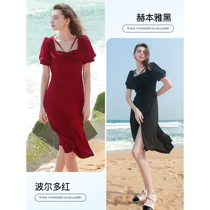 三彩2023夏季法式连衣裙女蝴蝶结时尚礼服裙新款中长收腰气质裙子