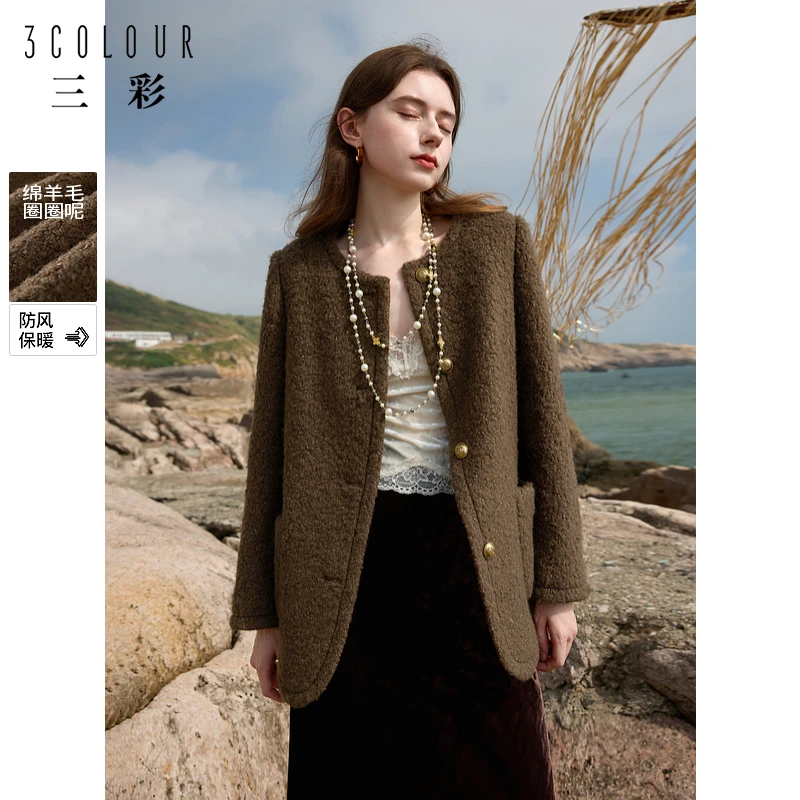 三彩女装2024冬季新款圈圈呢香风外套绵羊毛夹棉毛呢大衣中长女M