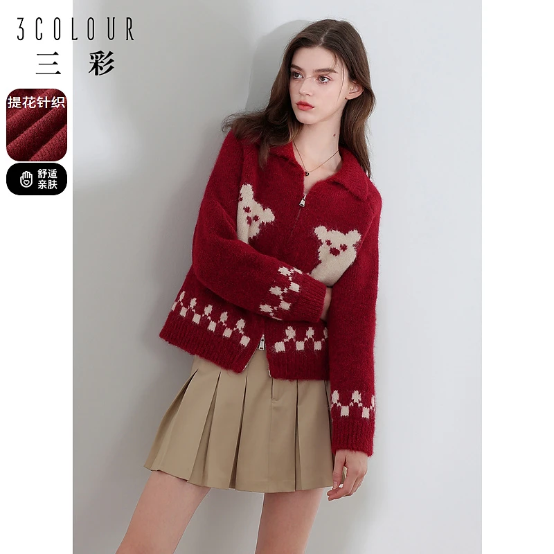 三彩2023冬季红色卡通提花毛衣女拉链翻领长袖针织衫复古休闲毛衫