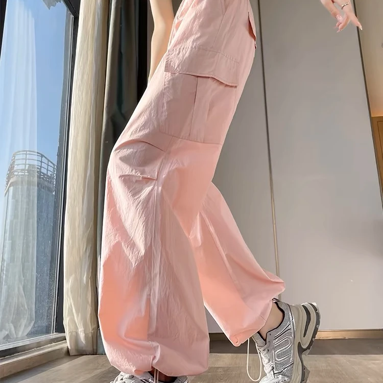 粉色速干工装裤女早秋薄款2024新款小个子美式高腰束脚运动登山裤