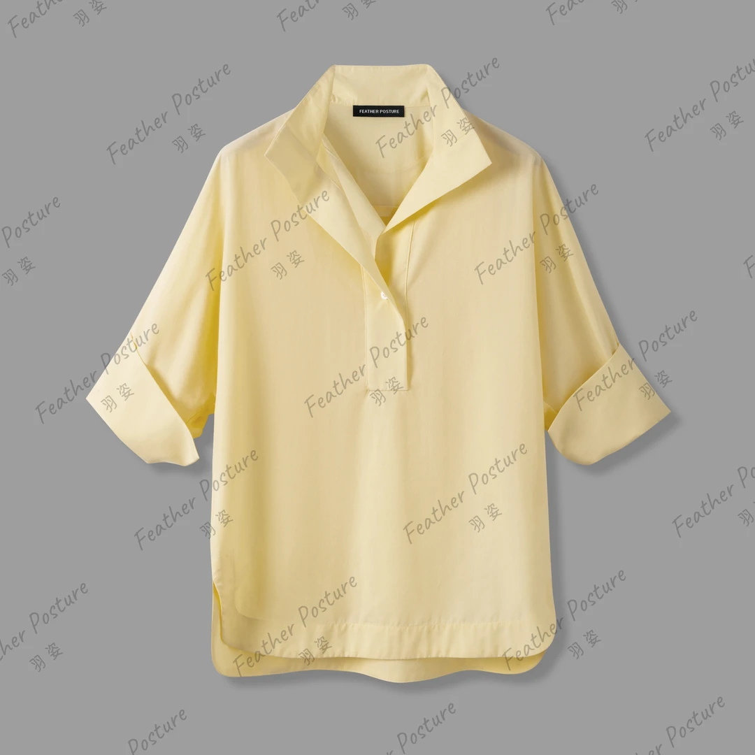 羽姿夏季法式莱赛尔時尚易打理舒适白色淡黄色V领中袖衬衫008