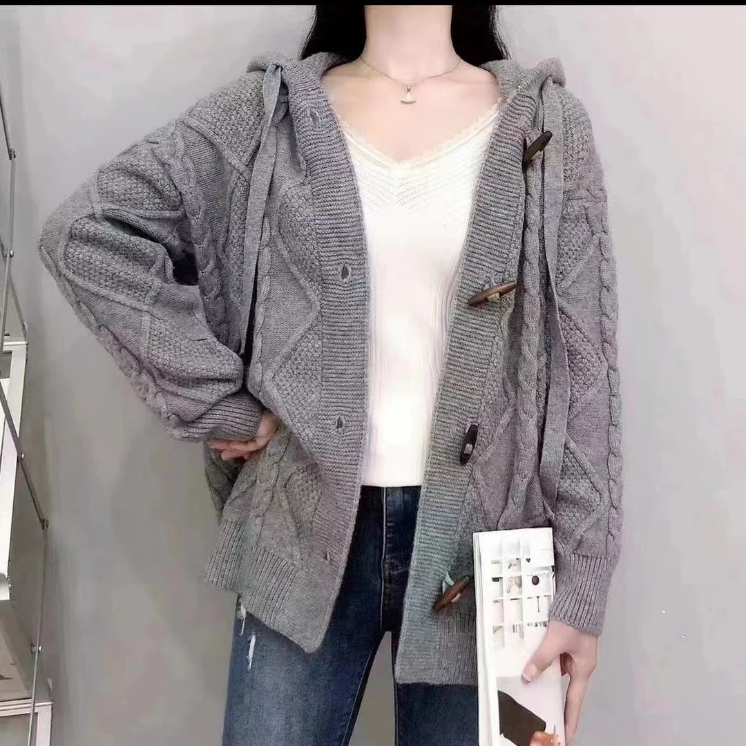 318【港风】八结菱形牛角扣针织帽衫【牛角扣连帽开衫】N1