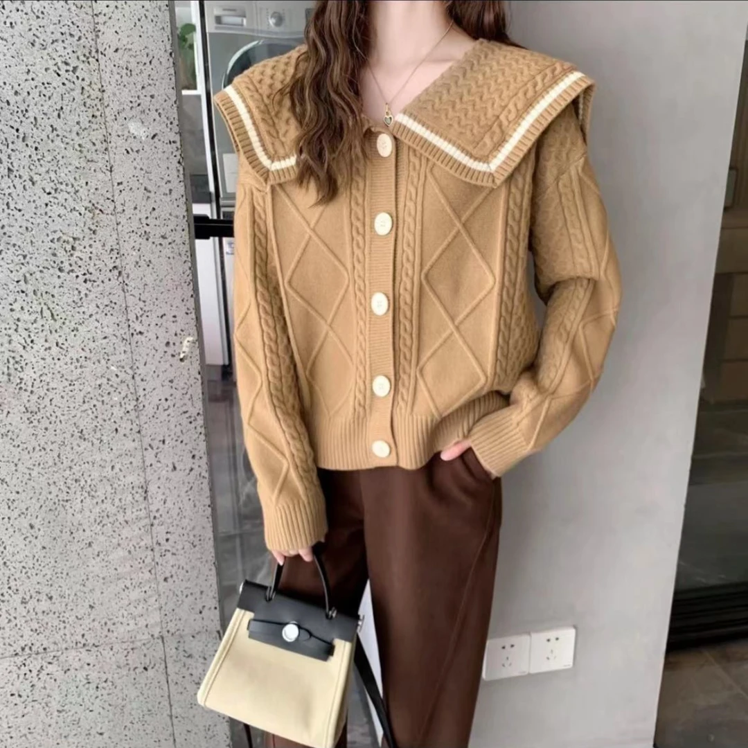 259秋冬减龄荷叶娃娃领针织长袖开衫毛衣宽松显瘦欧货爆款