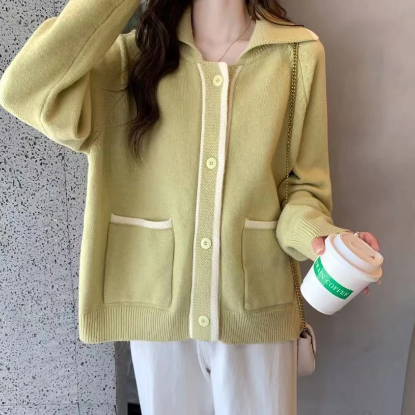 538方领门襟撞色休闲针织开衫春秋新款外穿百搭口袋毛衣女