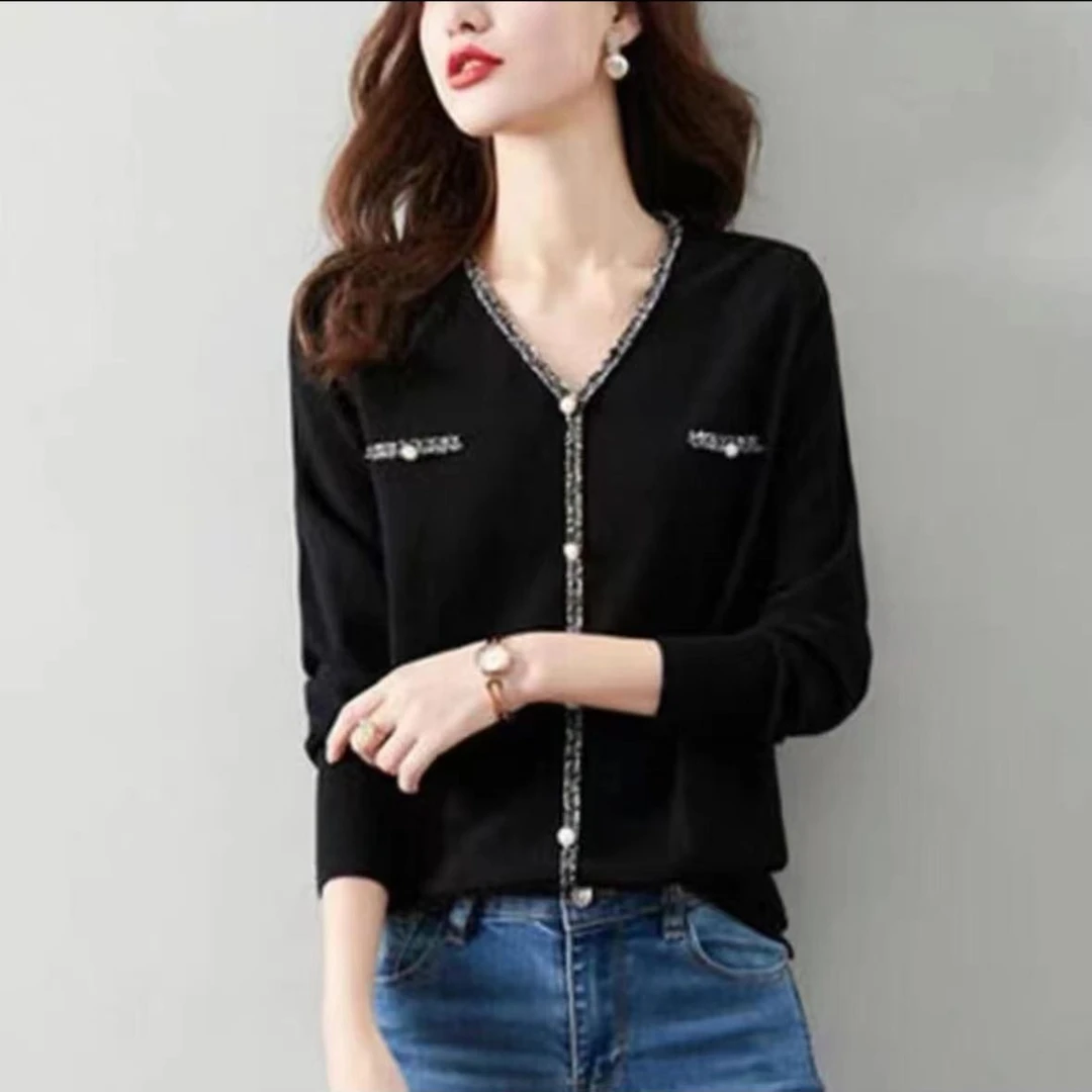 82气质流苏珍珠扣V领早秋新款长袖针织开衫