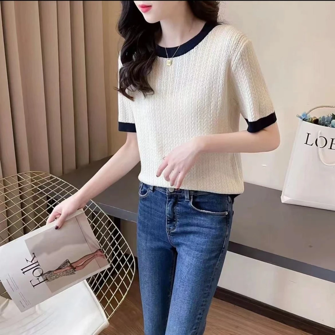 186小香风设计镂空麻花撞色针织短袖T恤女春夏季宽松上衣