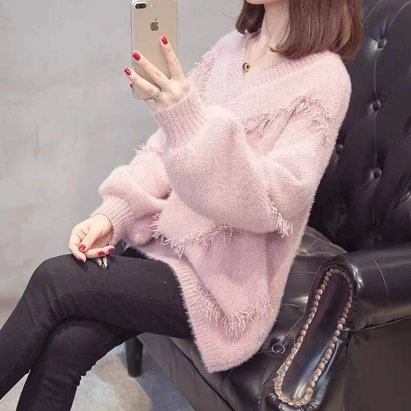 慵懒风雪尼尔流苏时尚V领宽松针织上衣742