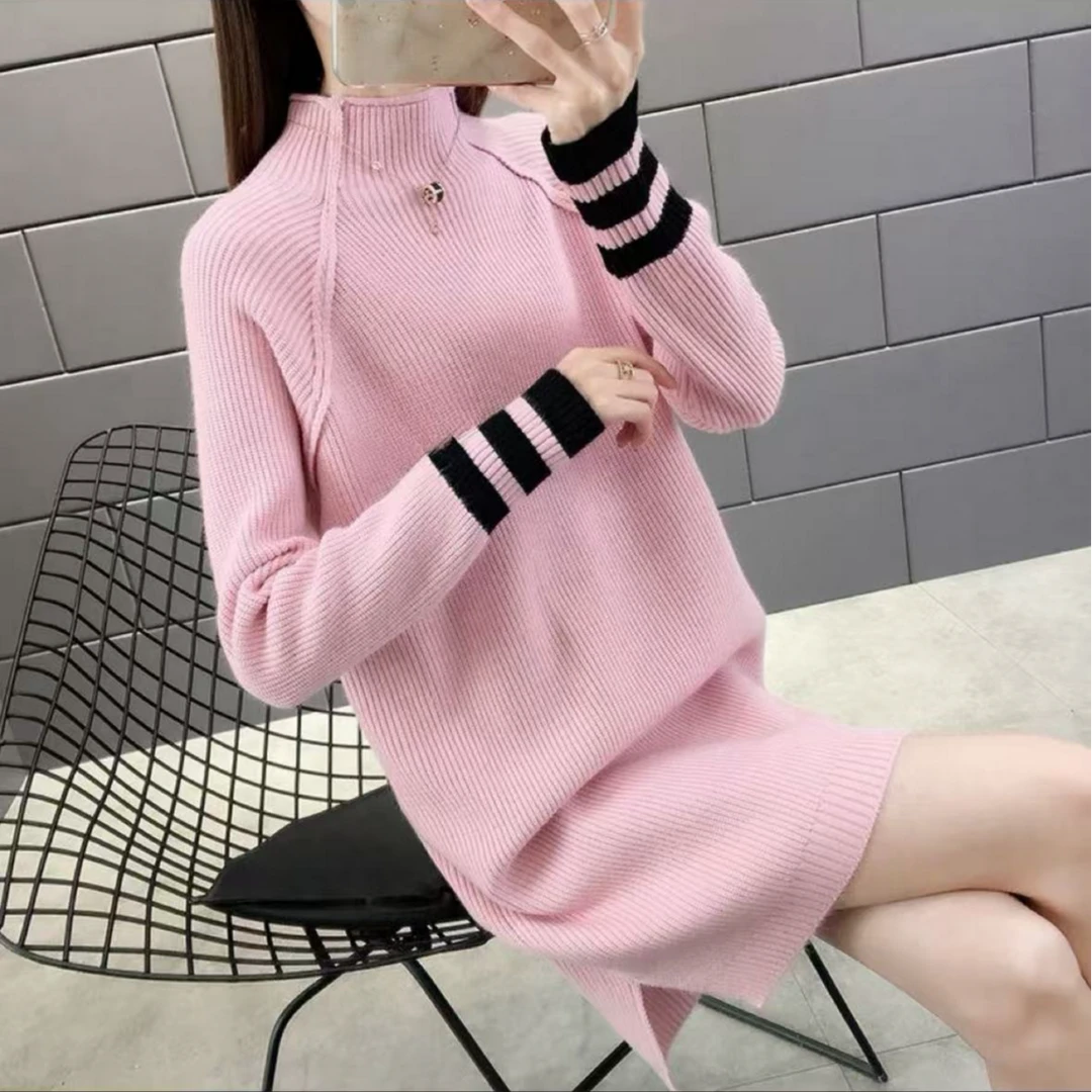 007加厚韩版毛衣连衣裙女宽松打底中长款开叉裙子针织毛衣裙
