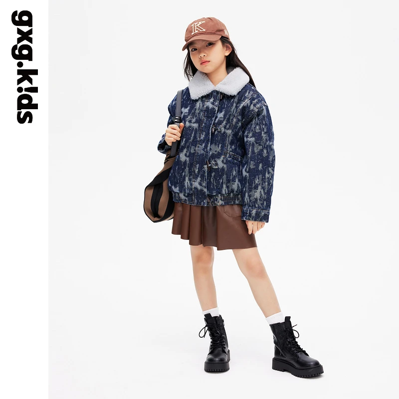 {23冬新}gxgkids童装儿童牛仔外套加厚保暖女童翻领满印外穿
