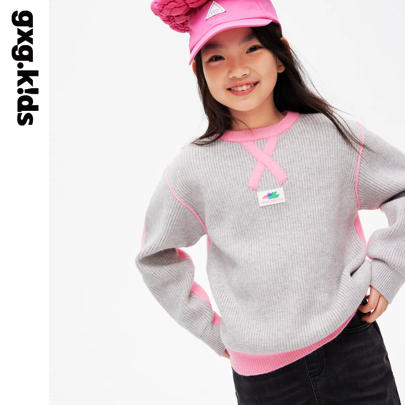 {23冬新}gxgkids童装儿童毛衫女童洋气撞色拼接保暖舒适圆领毛衣
