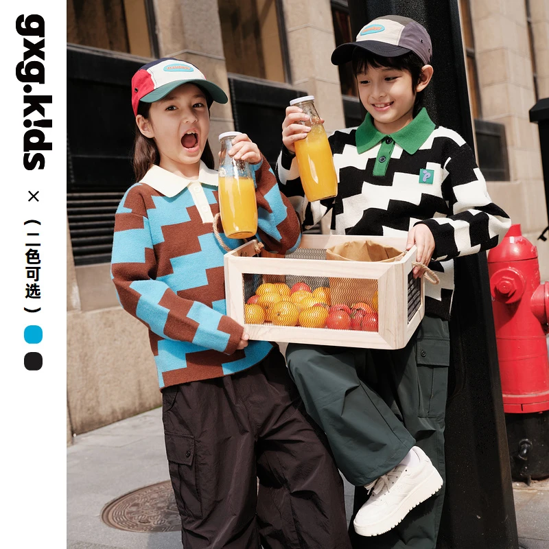 [2色可选]gxgkids童装儿童毛衫24春新品男女童洋气撞色翻领毛衣
