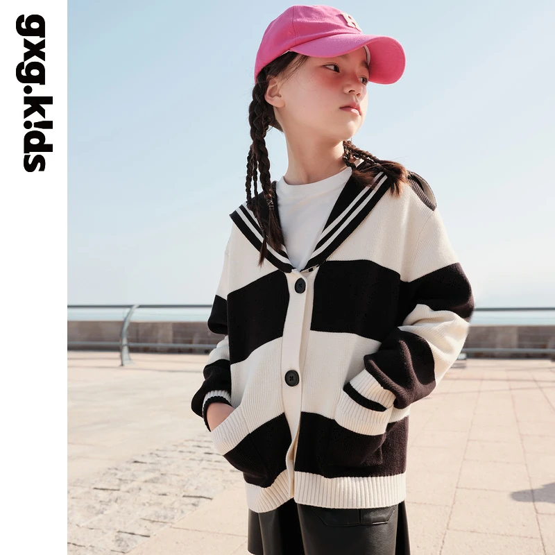 gxgkids童装针织外套女童开衫菱格大翻领KED23002203