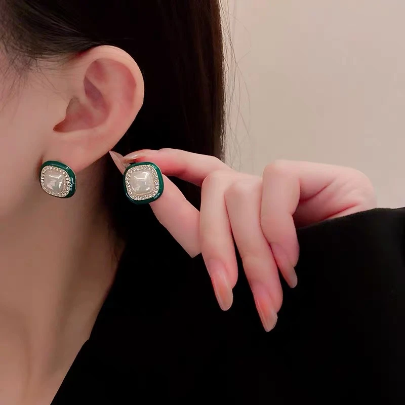 铜合金耳饰 复古夸张绿色耳环几何方形耳钉欧美港风耳饰E253