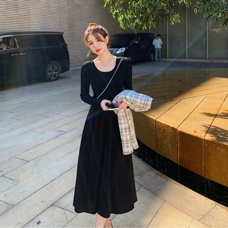 2025秋黑色长袖连衣裙季新款修身赫本风气质收腰针织拼接长裙女