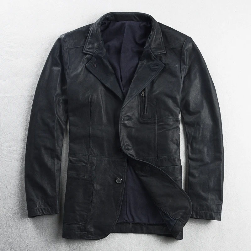 居正方刚小胎牛皮西服男真皮皮衣单排三粒扣商务上班工作薄款蝉翼