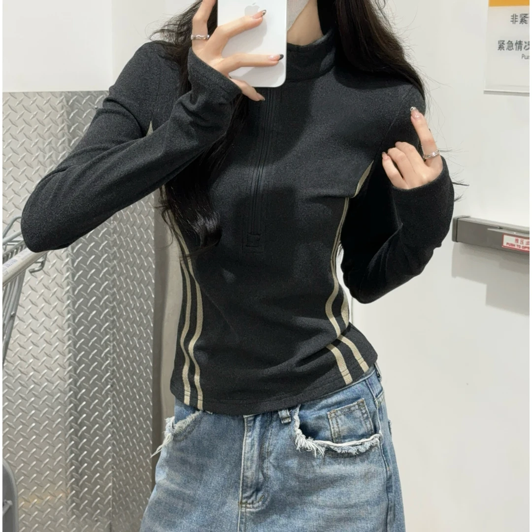 秋冬磨毛德绒双杠条纹T恤修身显瘦洋气时尚运动休闲打底衫上衣女